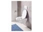 Des toilettes suspendues avec un siège de toilette et une chasse d'eau encastrée.