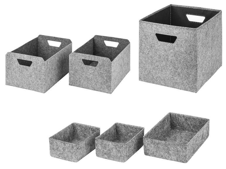 Boîtes et paniers de rangement en feutre gris de différentes tailles pour l'organisation de la maison.