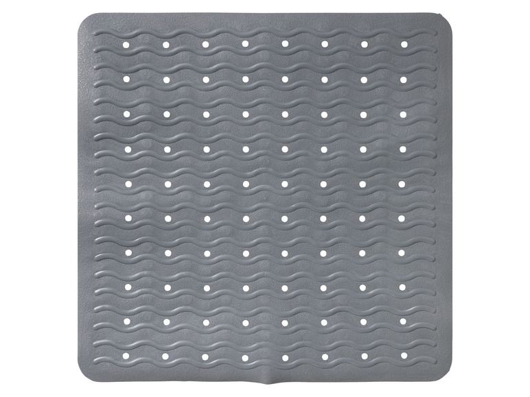Tapis de bain antidérapant gris avec une texture ondulée et des trous de drainage.