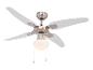 Ventilateur de plafond avec pales blanches et luminaire intégré.