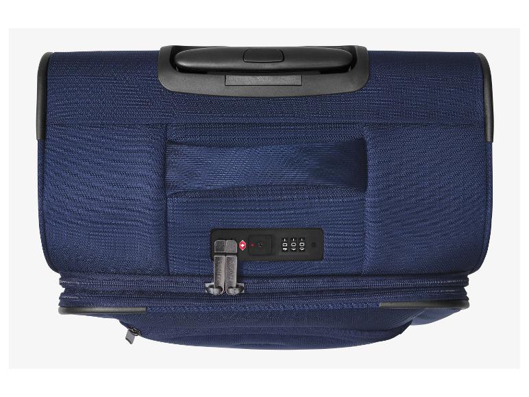 Valise de voyage bleue avec poignée télescopique et serrure à combinaison intégrée.