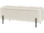 Banc de rangement en tissu bouclé blanc avec pieds en métal noir.