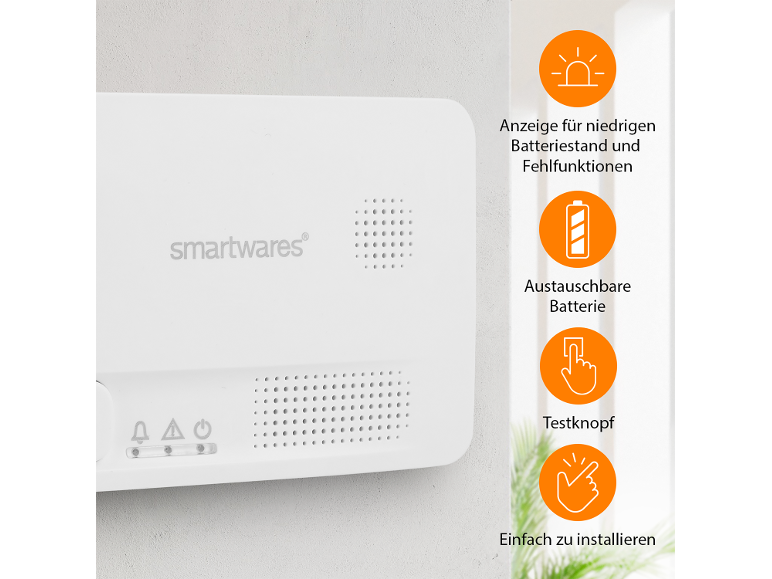 Détecteur de fumée blanc avec indicateurs LED et texte sur les fonctionnalités : batterie faible, batterie remplaçable, bouton de test, installation facile.