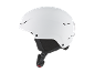 Casque de ski blanc avec fentes d'aération et sangle réglable.