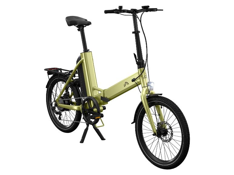 Vélo électrique pliant vert avec porte-bagages et freins à disque.