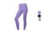 Legging violet femme avec logo noir sur la cuisse droite et palette de couleurs.