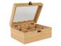 Une boîte à thé en bois avec un couvercle en verre et 6 compartiments.