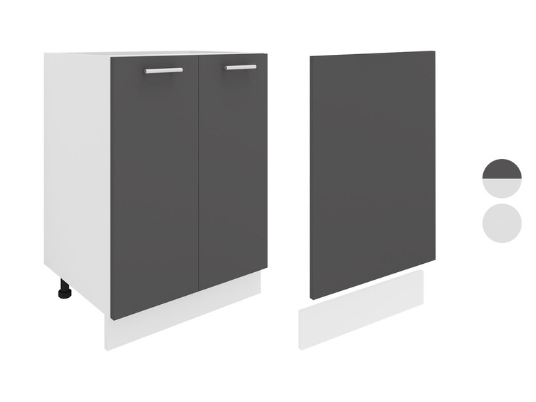 Armoire de cuisine avec deux portes et un panneau supplémentaire.