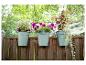 Trois jardinières suspendues sur une clôture en bois avec des fleurs colorées.