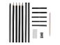 Kit de dessin avec crayons, fusains, gomme, taille-crayon et estompe.