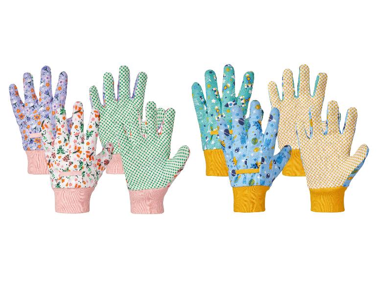 Six paires de gants de jardinage pour enfants avec des motifs floraux, à pois et spatiaux.
