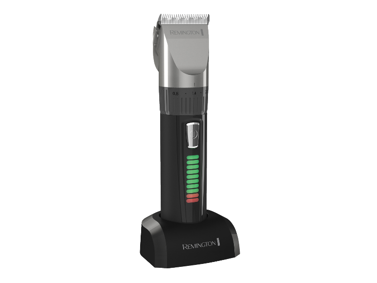 Tondeuse à cheveux avec station de charge et indicateur de batterie.