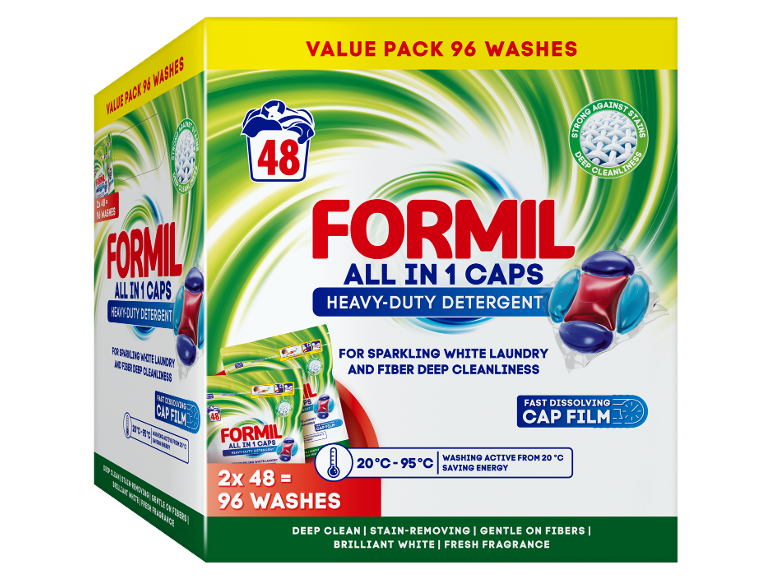 Capsules de lessive en pack économique de 96 lavages, mettant en avant le nettoyage en profondeur et le détachage.
