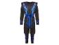Un costume de ninja noir avec des détails bleus et un dragon.