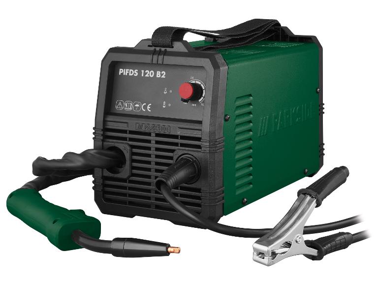 Poste à souder Parkside PIFDS 120 B2 vert et noir avec câbles et pince.