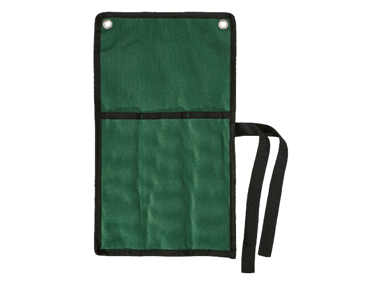 Pochette à outils enroulable verte avec compartiments et lanières de fermeture.
