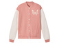 Une veste bomber rose avec des manches blanches et un imprimé papillon.