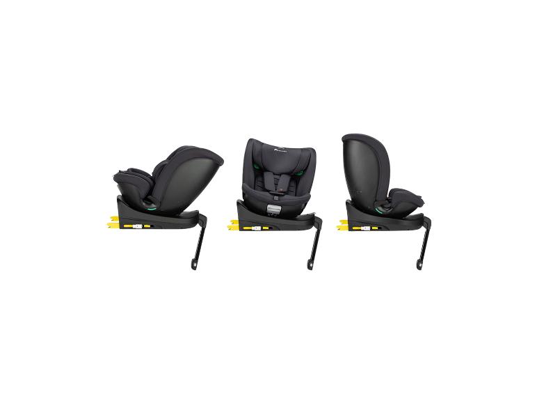 Trois sièges auto noirs avec des accents jaunes, présentés dans différentes positions.