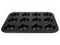 Un moule à pâtisserie noir avec 12 cavités pour muffins ou cupcakes.