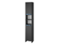 Armoire de salle de bain noire et haute avec éclairage LED bleu.