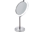 Miroir cosmétique sur pied rond avec éclairage LED et support chromé.