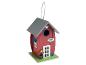 Nichoir en bois rouge avec toit gris et détails décoratifs.
