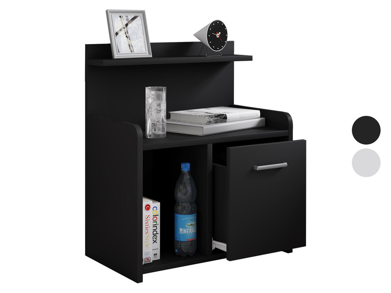 Une table de chevet noire avec un tiroir, un compartiment ouvert et une étagère.