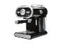 Machine à expresso noire avec détails argentés et jauge de température.