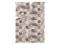 Parure de lit et taie d'oreiller à motif géométrique dans des tons rose, marron et blanc.