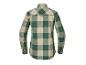 Une chemise à carreaux vert et beige à manches longues.