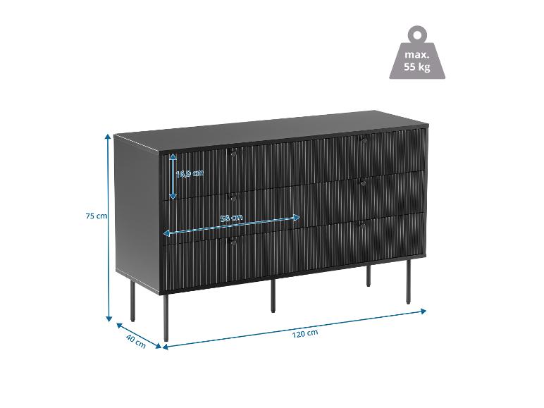 Commode noire à trois tiroirs avec dimensions, charge maximale 55 kg.