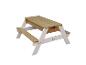 Table de pique-nique en bois pour enfants avec bancs intégrés et compartiment bleu.