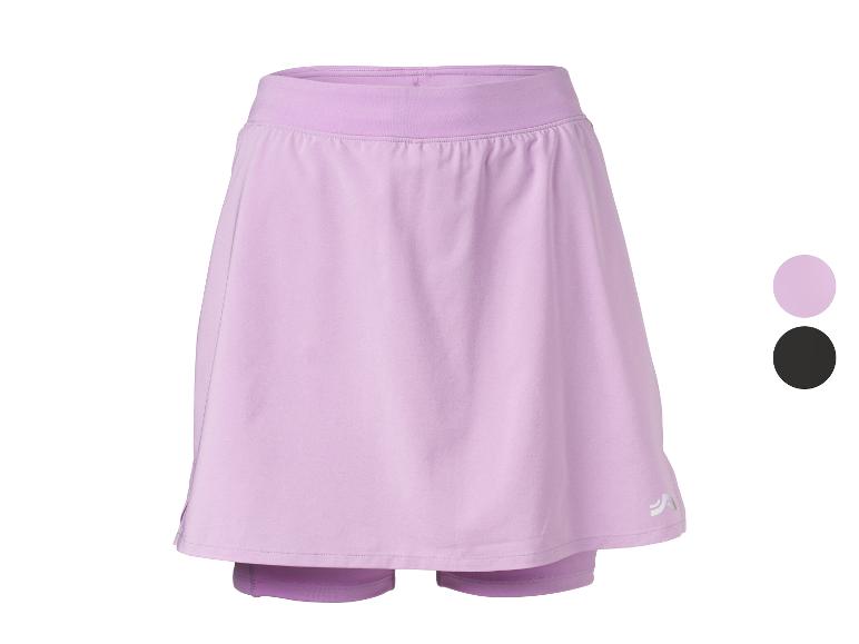 Jupe-short de sport lilas pour femme avec short intégré, disponible en lilas et noir.