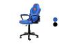 Chaise de jeu bleue avec liseré rouge et logo Superman, avec échantillons de couleurs.
