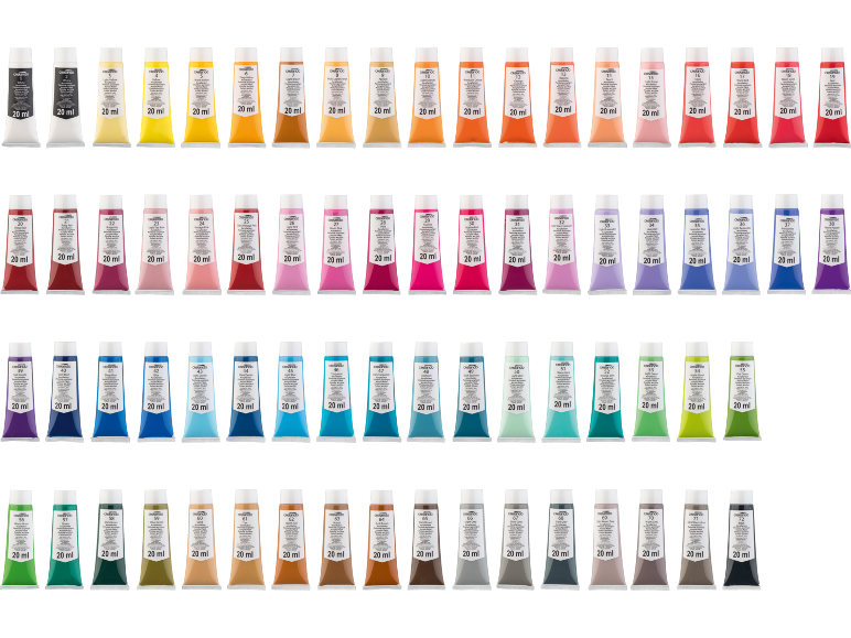 Lot de 72 tubes de peinture acrylique de différentes couleurs disposés en rangées.