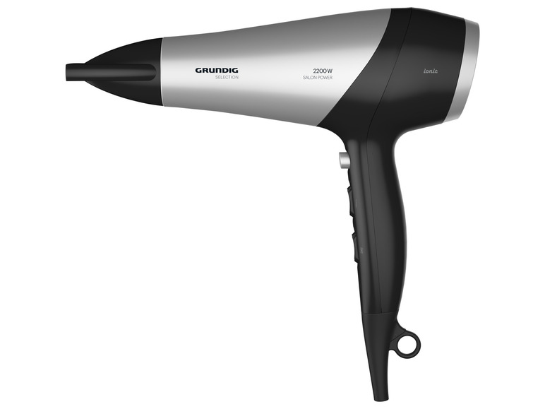 Un sèche-cheveux Grundig Selection, noir et argent, avec une puissance de 2200W.