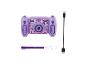 Un appareil photo pour enfants violet avec un thème spatial, un bracelet et un câble USB.