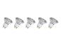 Cinq ampoules LED GU10, disposées en ligne sur un fond blanc.