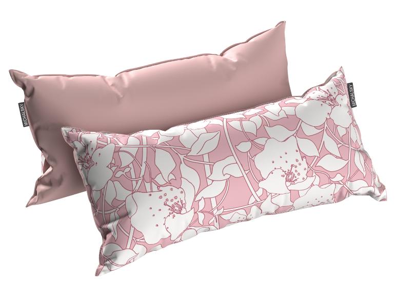 Deux oreillers rectangulaires roses, l'un uni et l'autre à motif floral blanc et rose.