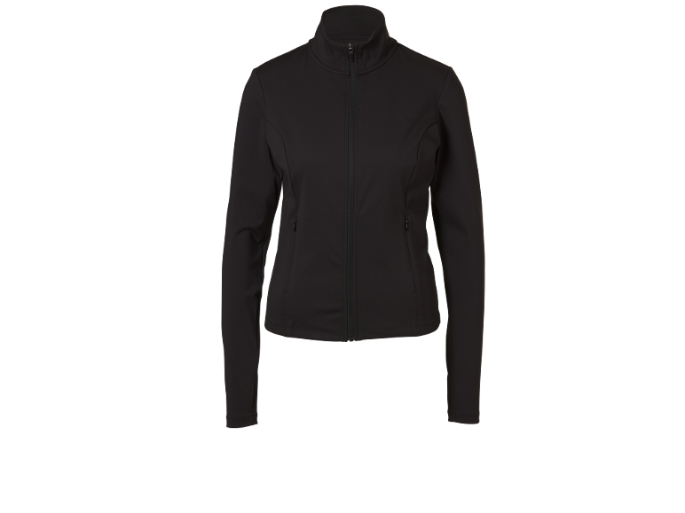Veste de sport noire pour femme avec fermeture éclair et col montant.