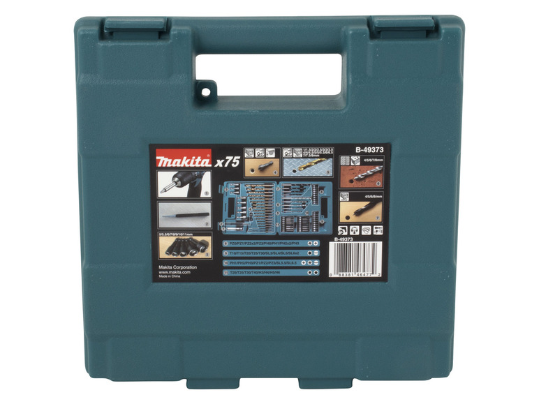 Un coffret d'outils Makita x75 avec différents types d'embouts et de forets dans une boîte bleue.