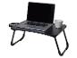 Table de lit pliable noire avec un ordinateur portable et une tasse.