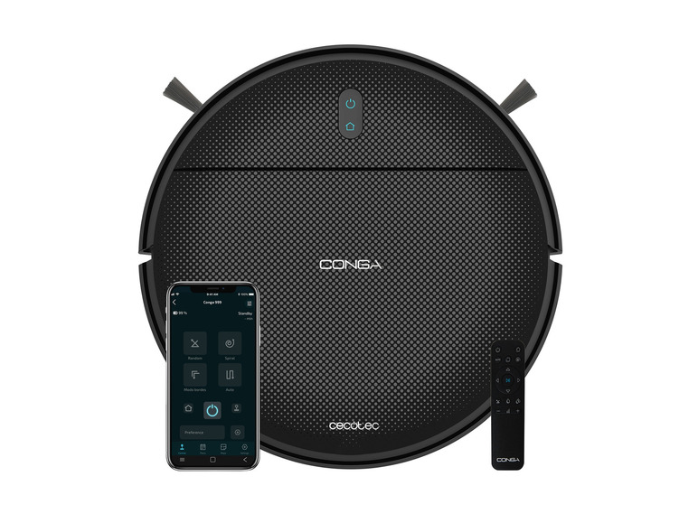 Un aspirateur robot noir Cecotec Conga avec une application pour smartphone et une télécommande.