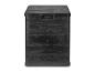 Un coffre de rangement noir avec une texture en bois.