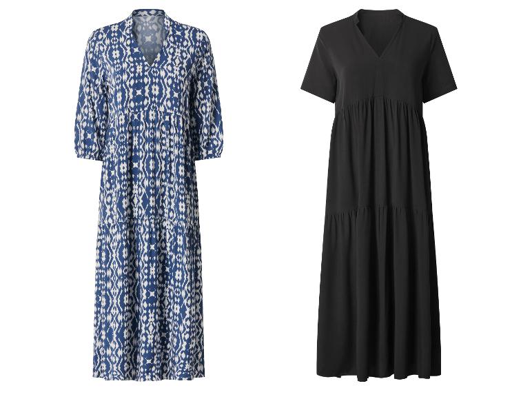 Deux robes longues : une bleue à motif ikat et une noire unie.