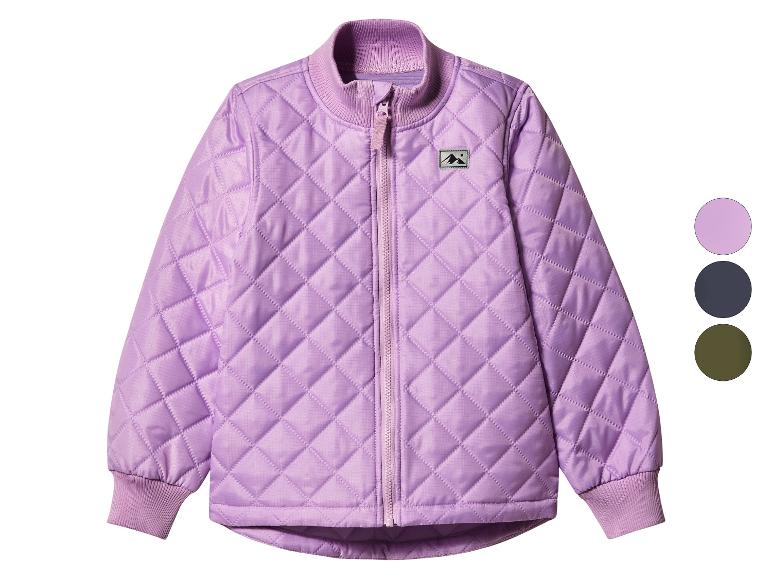 Veste matelassée violette pour enfants avec col et poignets élastiques, et un logo de montagnes.