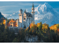 Le château de Neuschwanstein entouré d'une forêt d'automne avec des montagnes enneigées