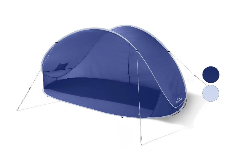 Tente de plage bleue avec poteaux de support et échantillons de couleurs.