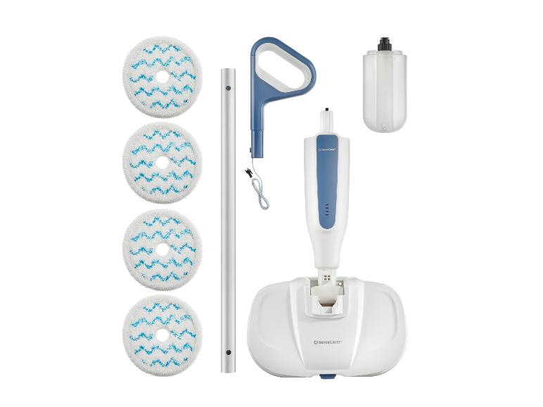 Serpillère vapeur SilverCrest avec quatre tampons de vadrouille ronds et un réservoir d'eau.