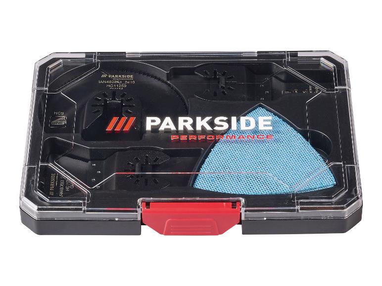 Kit d'accessoires pour outil oscillant Parkside Performance dans un boîtier transparent.